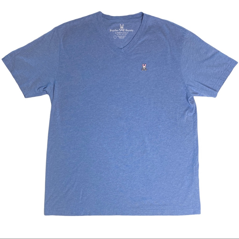 PSYCHO BUNNY V-neck, blue tee with classic bunny logo! 🐰☠️